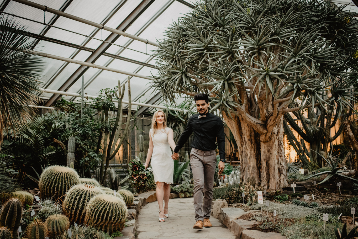Ein Brautpaar spaziert beim Hochzeits-Fotoshooting umgeben von Wüstenpflanzen.